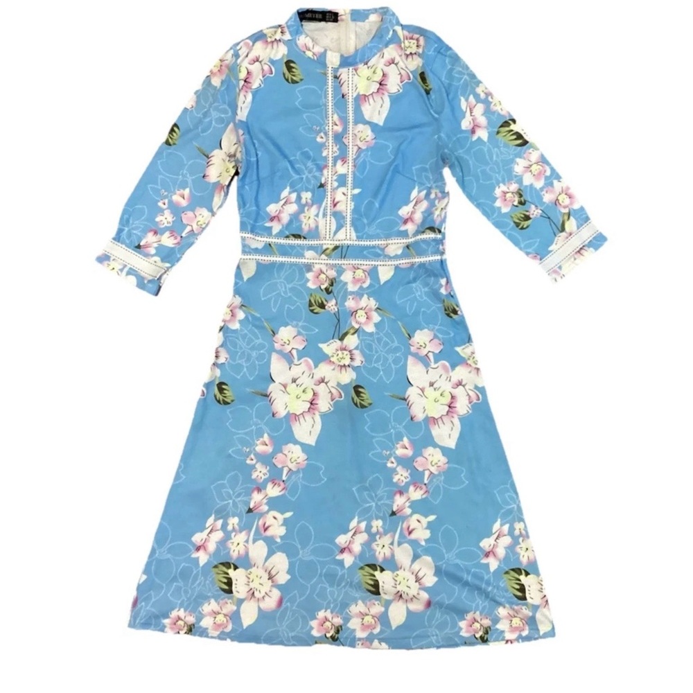 HOMEYEE Women's Floral Dress Half Sleeve Blue Size Small